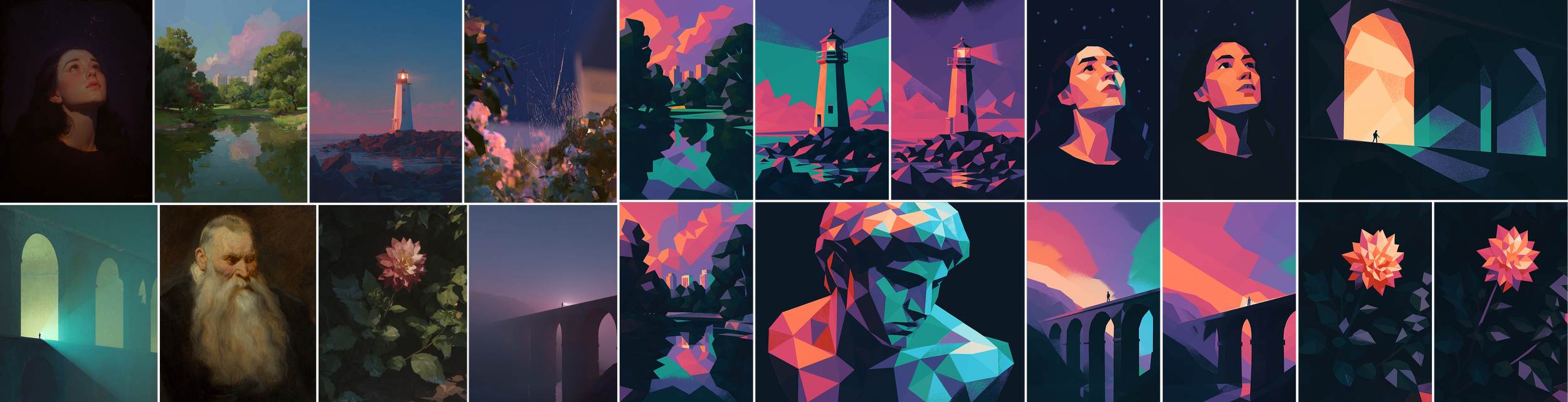 Classical Futurism: This direction emerged from a gap in the original dataset: the classical compositions and dramatic lighting that had defined early explorations weren't carrying through. A curated Midjourney moodboard was built to generate images 