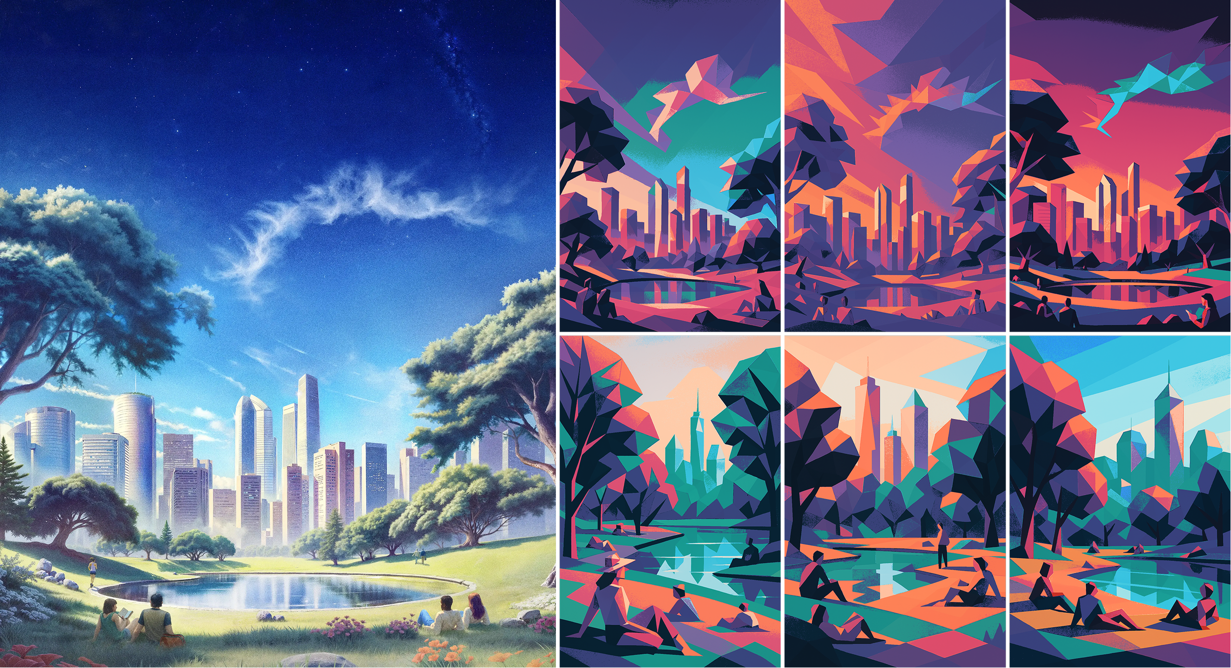 The image-to-prompt mode offers two paths: transform it directly by restyling the original, top row, or generate a short description based on the uploaded image. bottom row. Each approach produces a distinct output, giving users flexibility depending