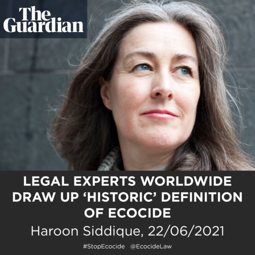      

 
   Legal experts from across the globe have drawn up a “historic” definition of ecocide, intended to be adopted by the international criminal court to prosecute the most egregious offences against the environment.  Haroon Siddique in   The G