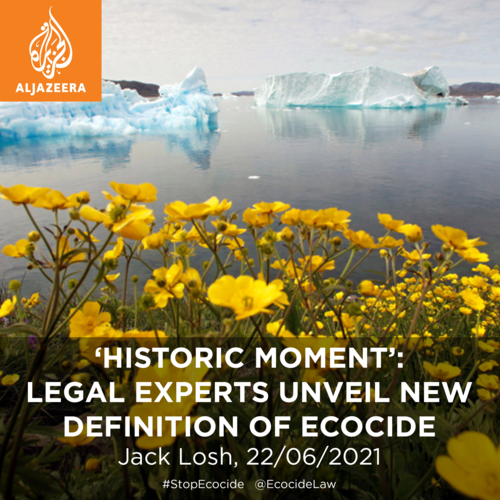      

 
   After six months of deliberation, a team of international lawyers has unveiled a new legal definition of “ecocide” that, if adopted, would put environmental destruction on a par with war crimes – paving the way for the prosecution of worl