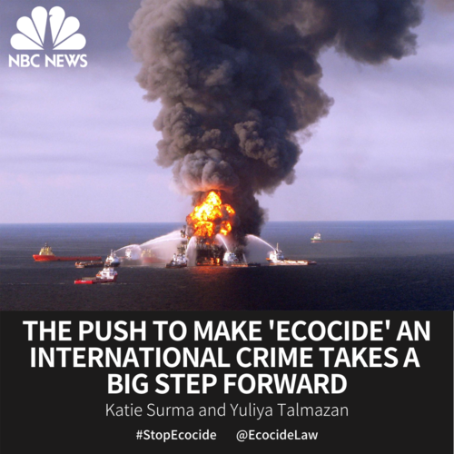      

 
   A proposed definition of "ecocide" aims to add mass environmental destruction to the list of crimes the International Criminal Court can prosecute.  by By Katie Surma and Yuliya Talmazan for   NBC News  , 23/06/2021 
 



















