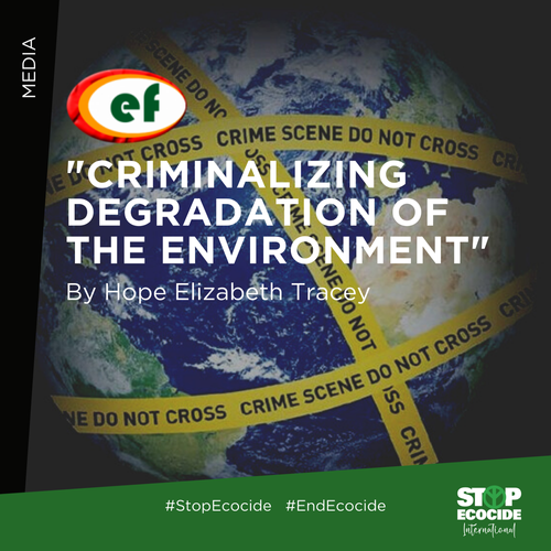      

 
   “The focus on human-to-human crimes in the ICC’s four core crimes renders invisible environmental harm and environmental criminal activity. That is why some are now suggesting the introduction of “Crimes Against the Environment” into inte