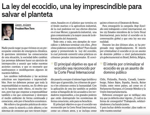      

 
   Artículo sobre la Ley del Ecocidio de Ángel Juarez, presiente de la fundación Mare Terra de Tarragona. 24/01/2022 
 




















  
  



     