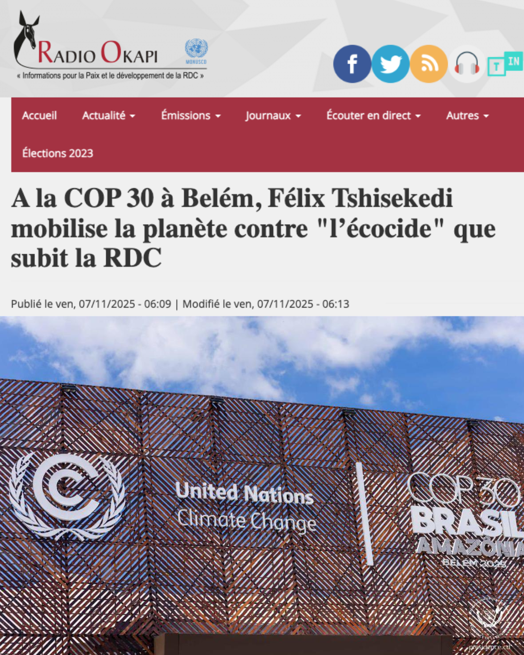At COP30 in Belém, President Félix Tshisekedi mobilises the world against the ecocide that the DRC is suffering