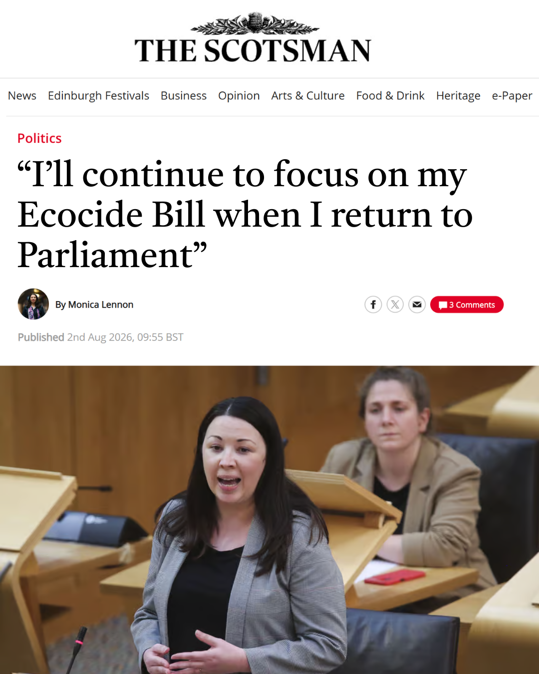 “I’ll continue to focus on my Ecocide Bill when I return to Parliament”