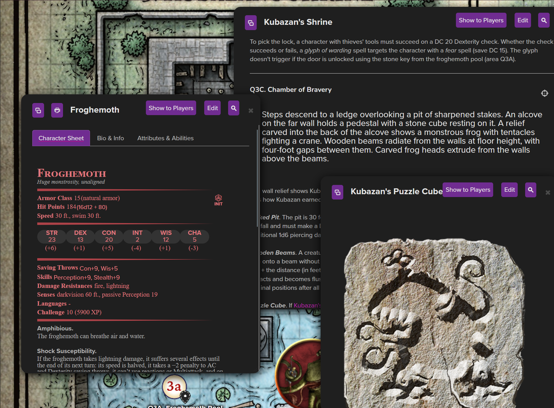 The shrine description, monster sheet and handout