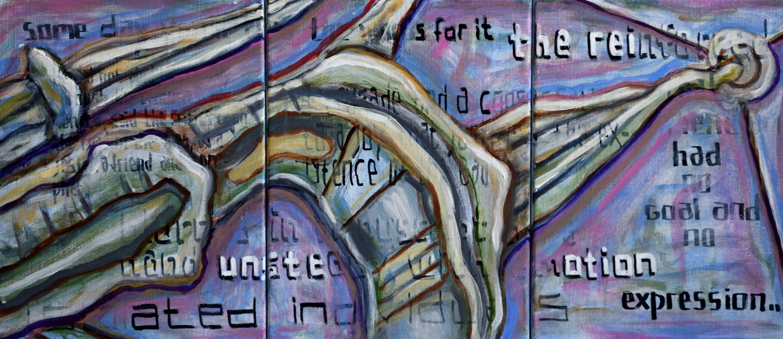 Triptych EH, Blurred by the Highest Objectives of Civilization, acrylic and marker on canvas, 40x90cm