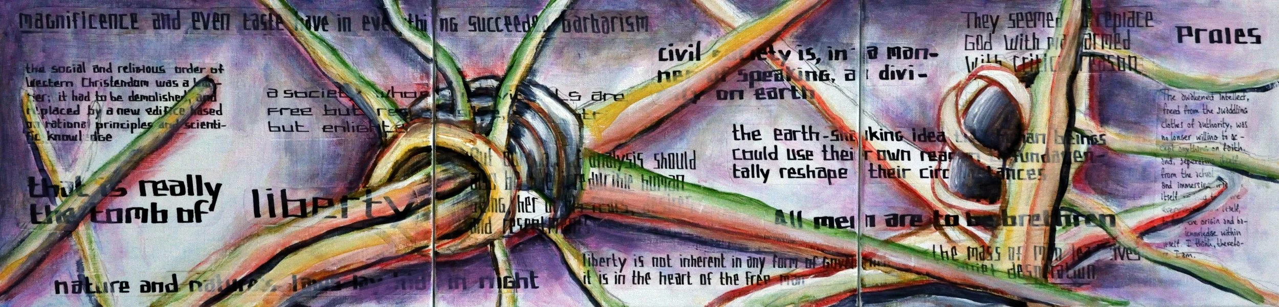 16. 2017 Triptych CF, A Struggle Where the True Found of Creativity and Energy would Survive, acrylic, collage and marker on canvas 30x120cm.JPG