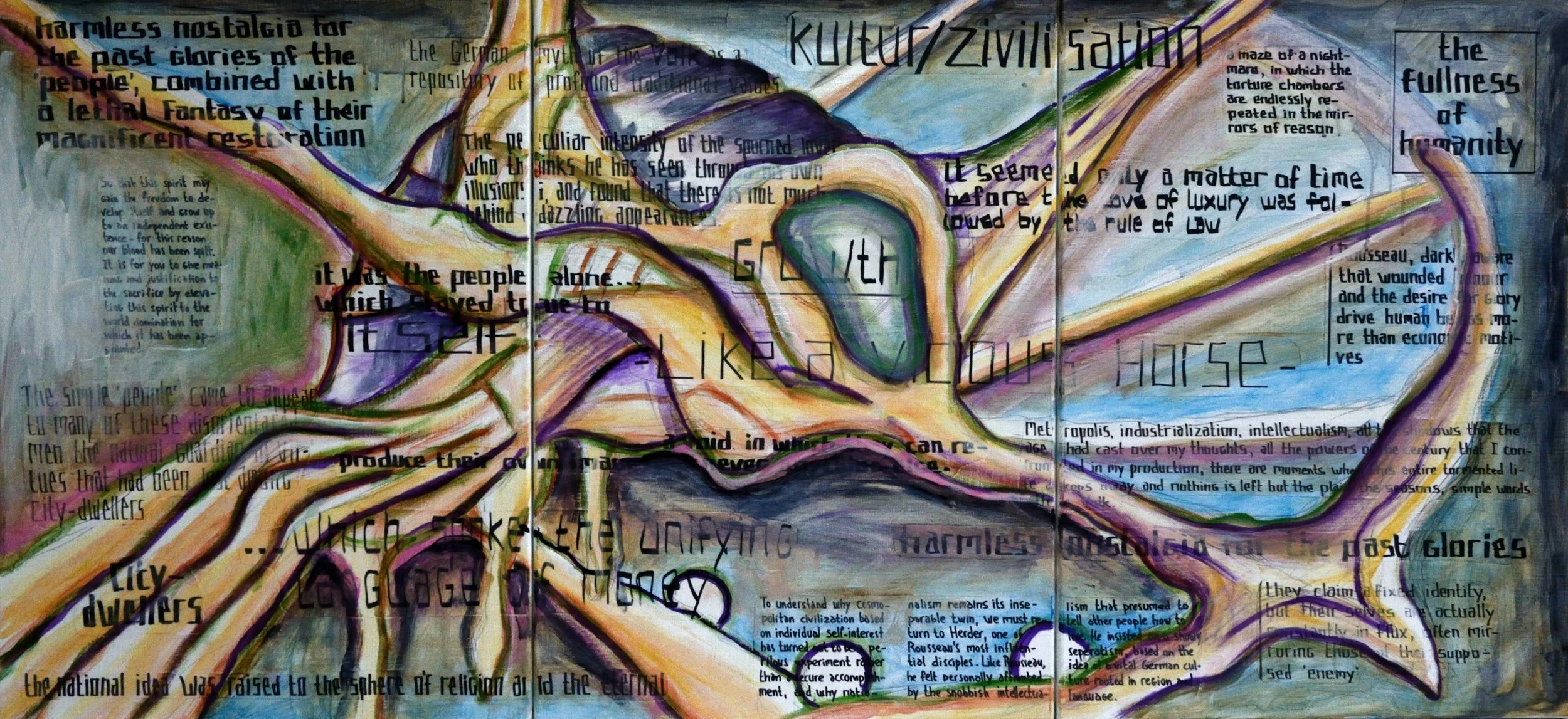 21. 2017 Triptych CL, The Peculiar Intensity of a Unifying Language, acrylic, collage and marker on canvas, 70x150cm.JPG