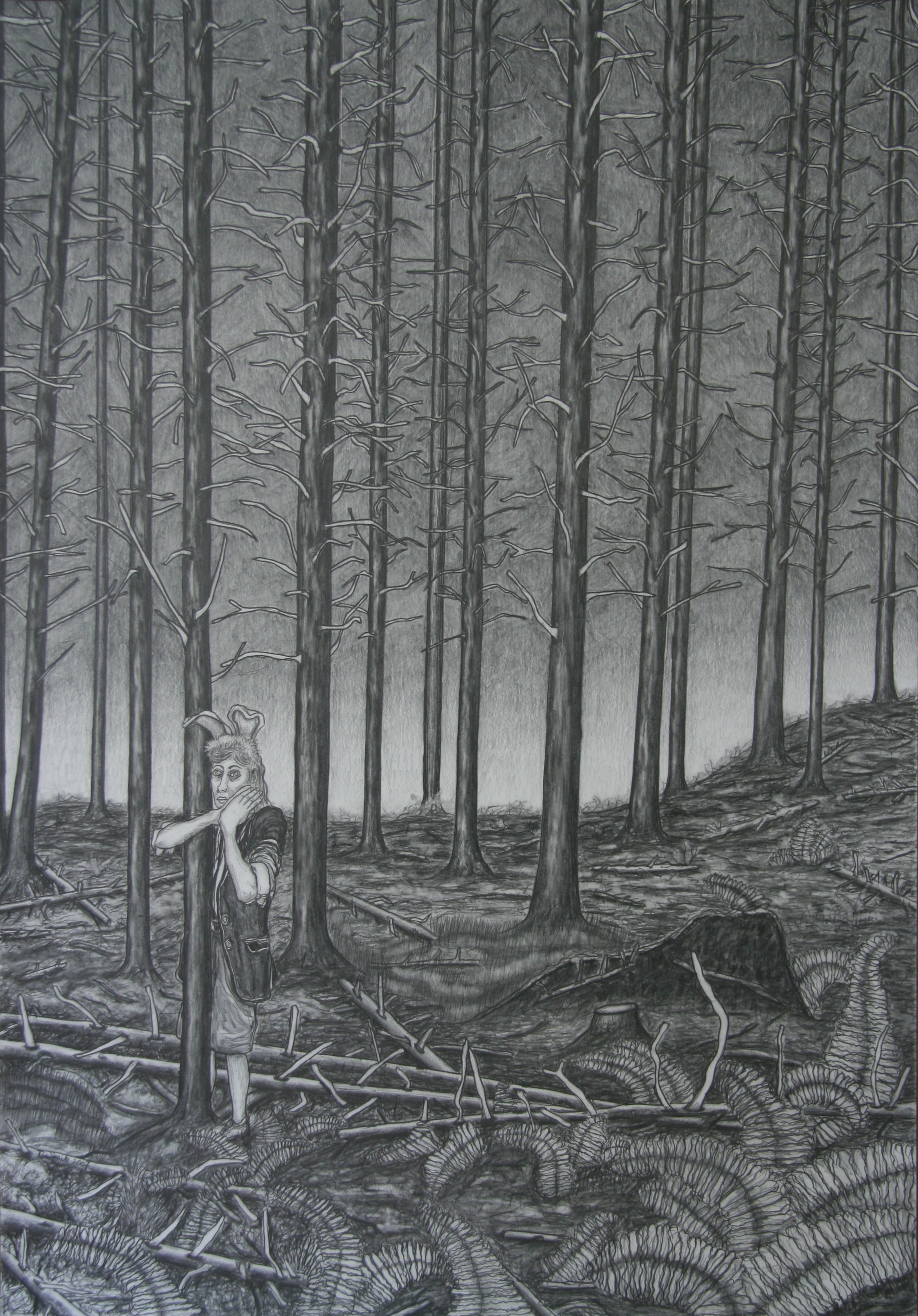 Alleen in het woud, 100x70cm, pencil on paper 