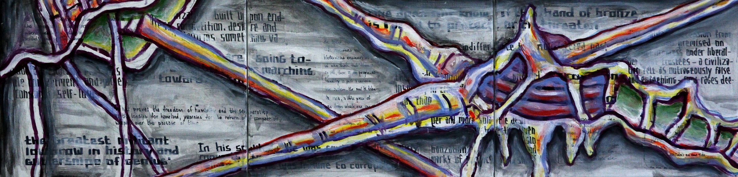 Triptych BZ, That Hand of Bronze was Immune to Corruption, acrylic, collage and marker on canvas, 30x120cm