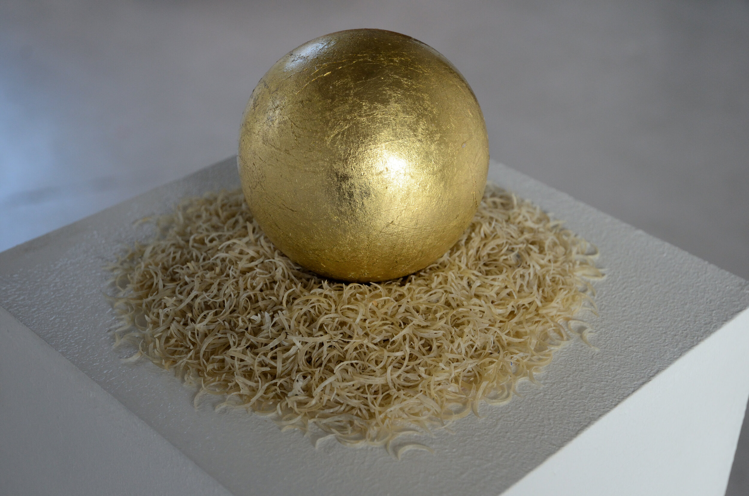 A Symbol for the Mind (close up), a gilded sphere on a bed of clipped fingernails, ca.25x25cm