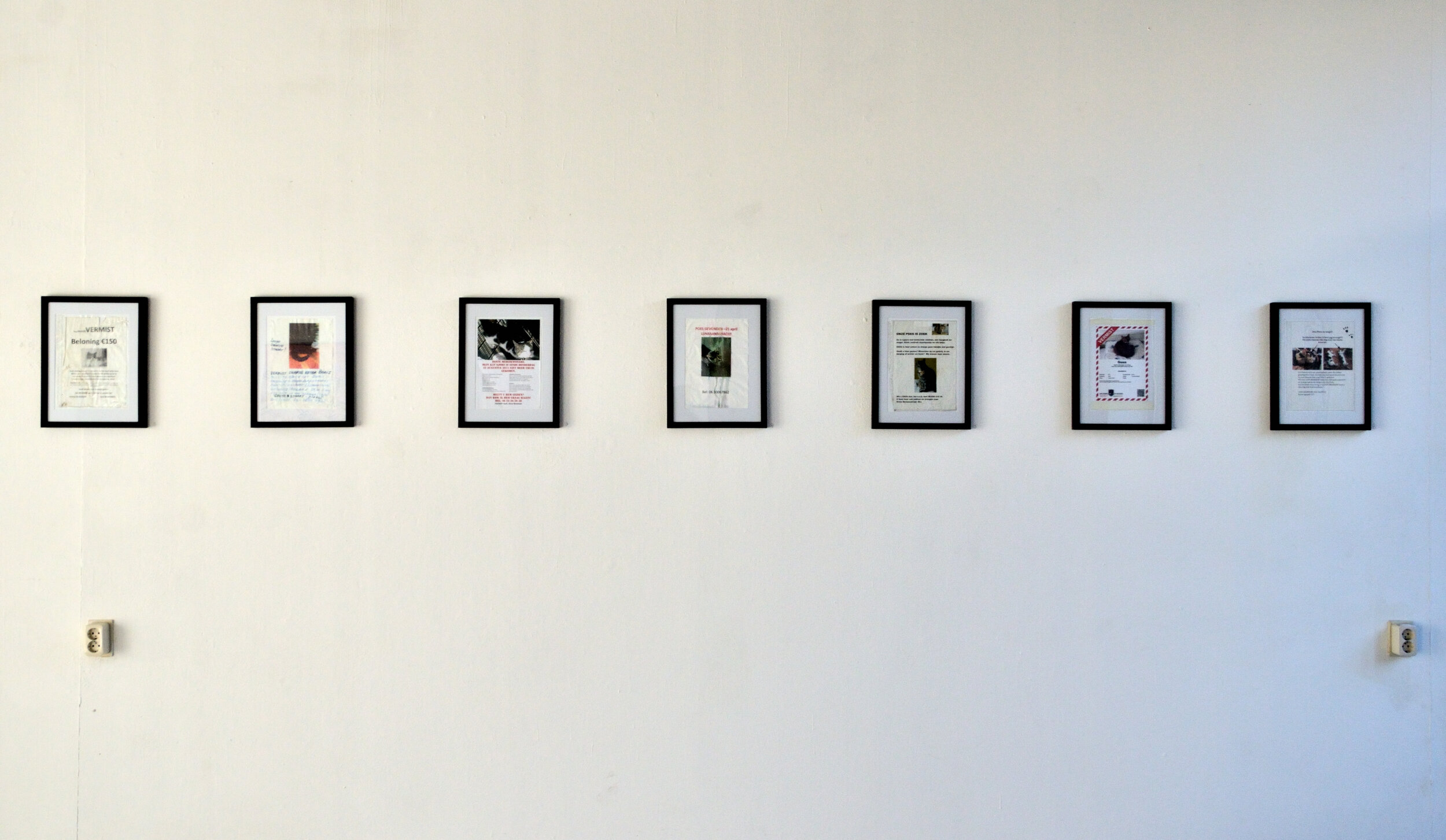 Cat 7 Crosstalk, seven framed prints of missing cats, ca.30x350cm