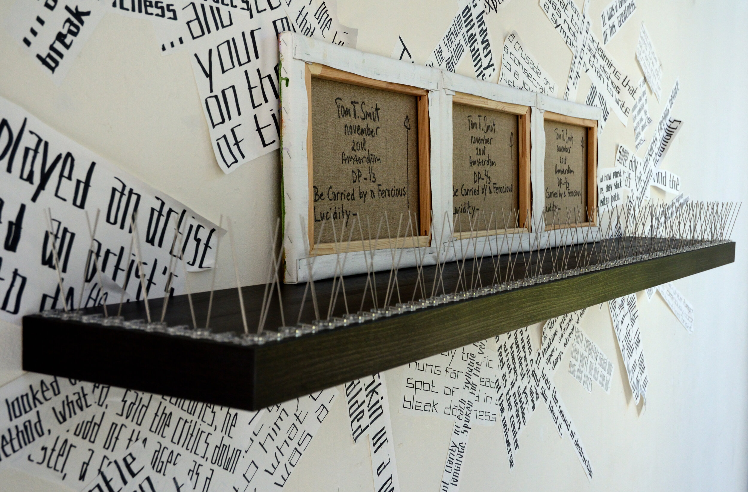 Absolutes Make the Heart go Flounder (close-up), shelf with anti-pigeon spikes, reverse canvases and text, ca.150x320cm