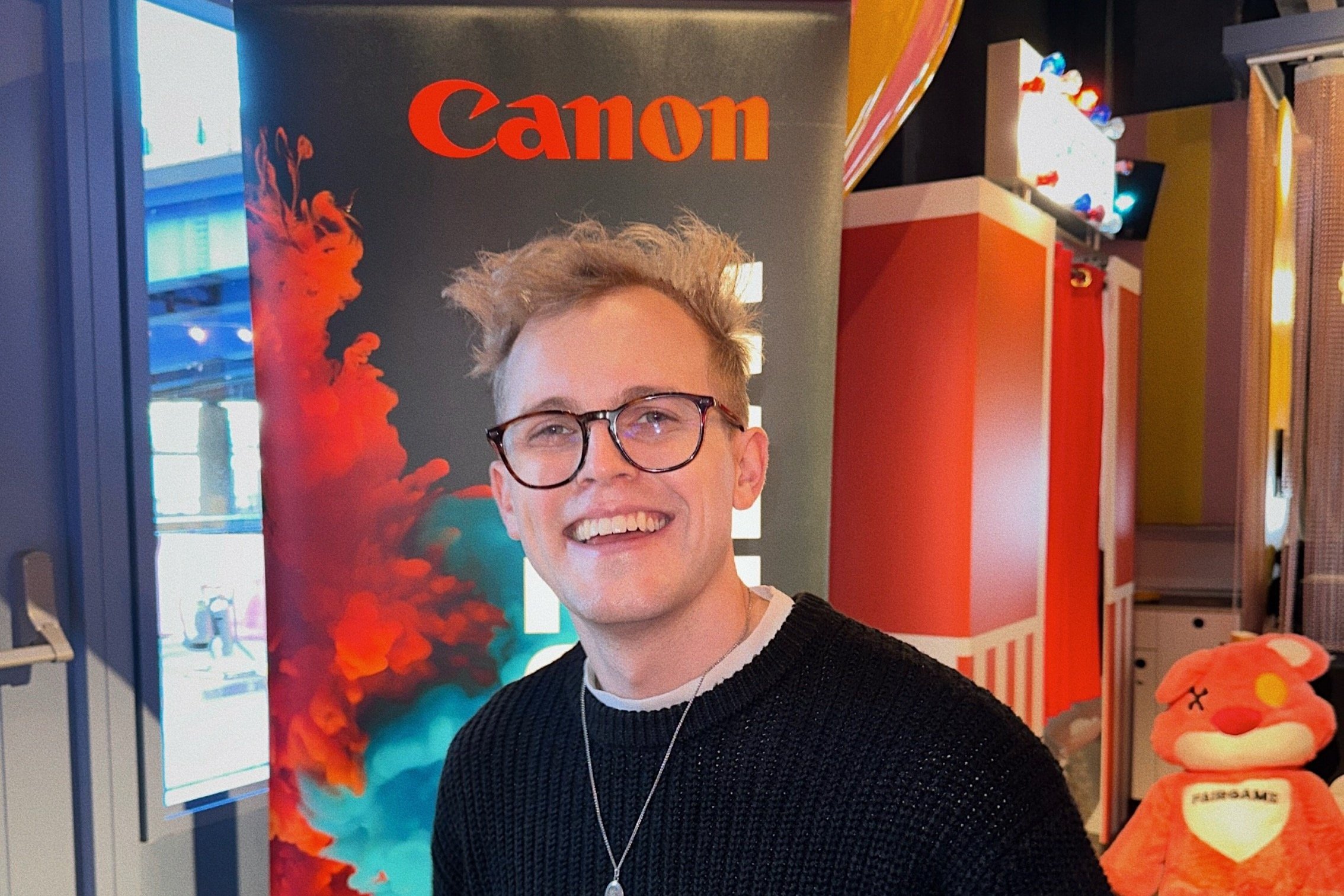 Jack Biggs celebrates at the new Canon Powershot V10 launch!