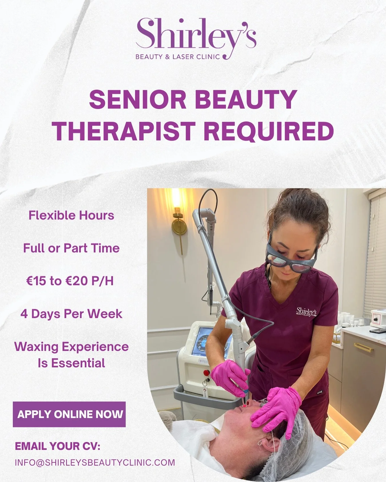 ✨Senior Beauty Therapist Required ✨
An Experienced Senior Beauty Therapist is now required to join us in our Beauty, Skin & Laser Clinics!
✅ €15-€20 Per Hour ✅
If you are an ambitious and enthusiastic therapist who specialises in all