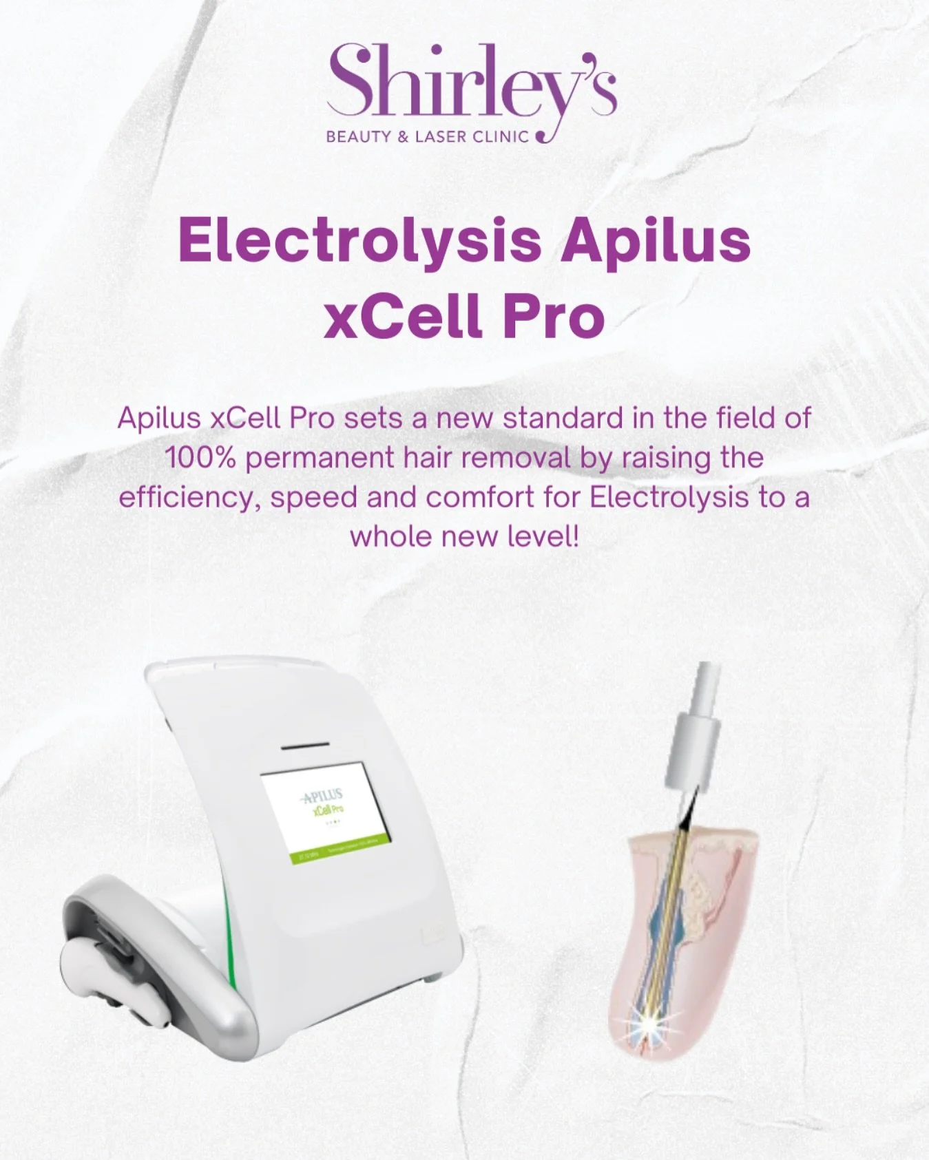 ⚡️Electrolysis Apilus xCell Pro ⚡️
Electrolysis is a scientifically and medically proven technique of permanent hair removal that is effective no matter what type of hair you have. It works on any hair colour, any colour skin and anywhere on the bod