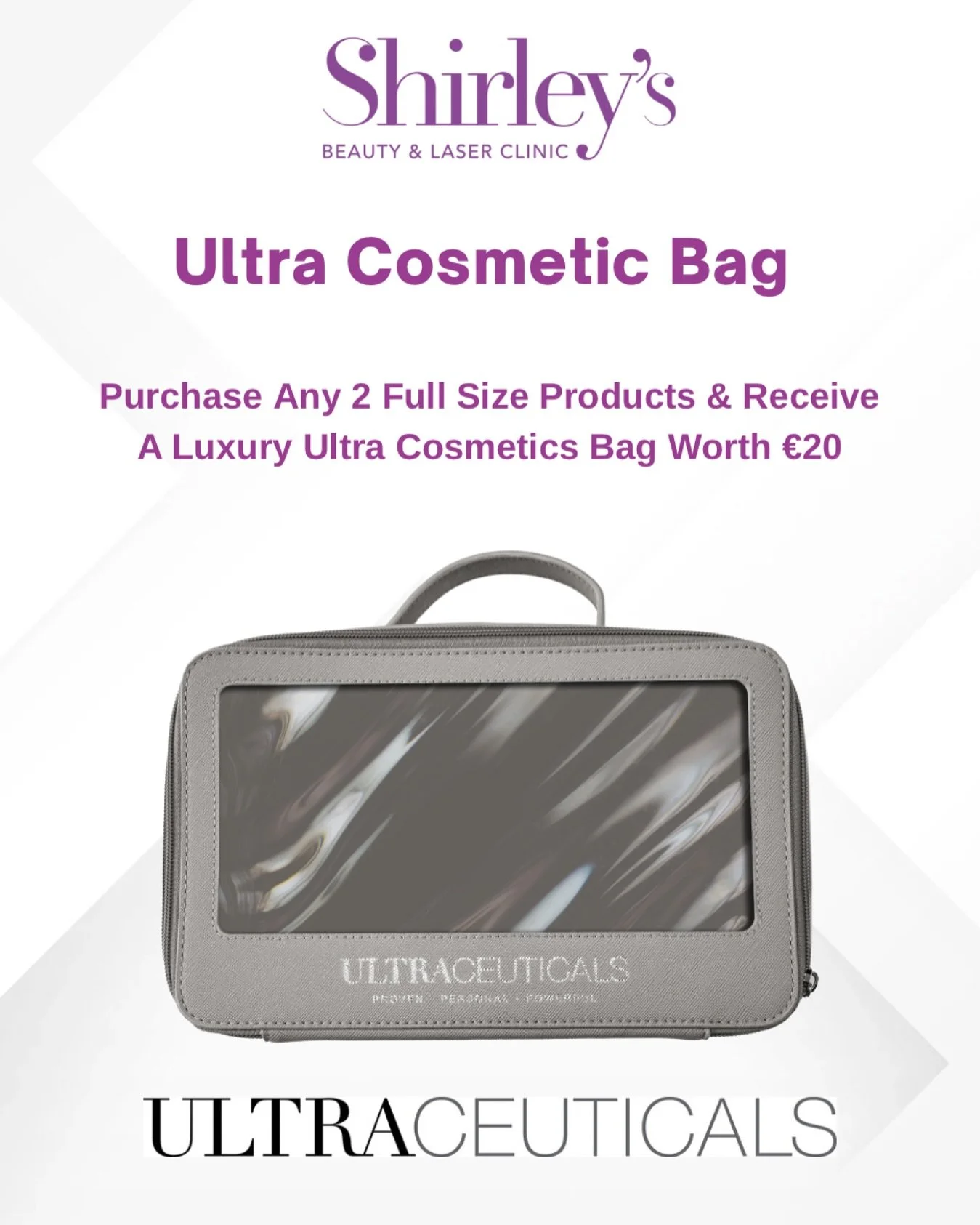 Purchase any two full size products and receive a luxury Ultra Cosmetics bag worth €20 
Shop Online 24/7 - Link In Bio 📲Shirleysbeautyclinic.com 
✨Free Delivery Over €100
✨Free Click & Collect 
✨Extra Samples, Sweets & Treats