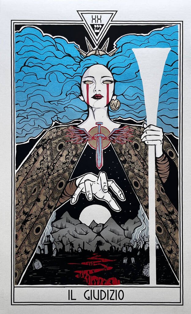A blue-haired woman is the main image of the Judgement tarot art print by Malleus