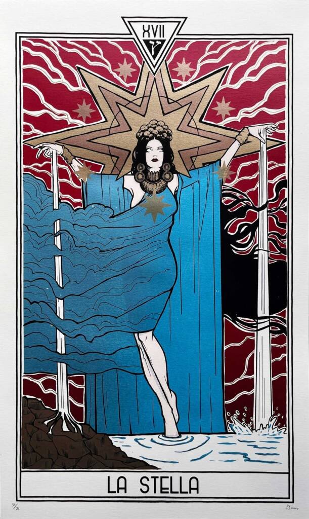 The Star tarot art print by Malleus features a black haired woman with a golden star lit behind her in a metallic blue dress and red, lightning sky.