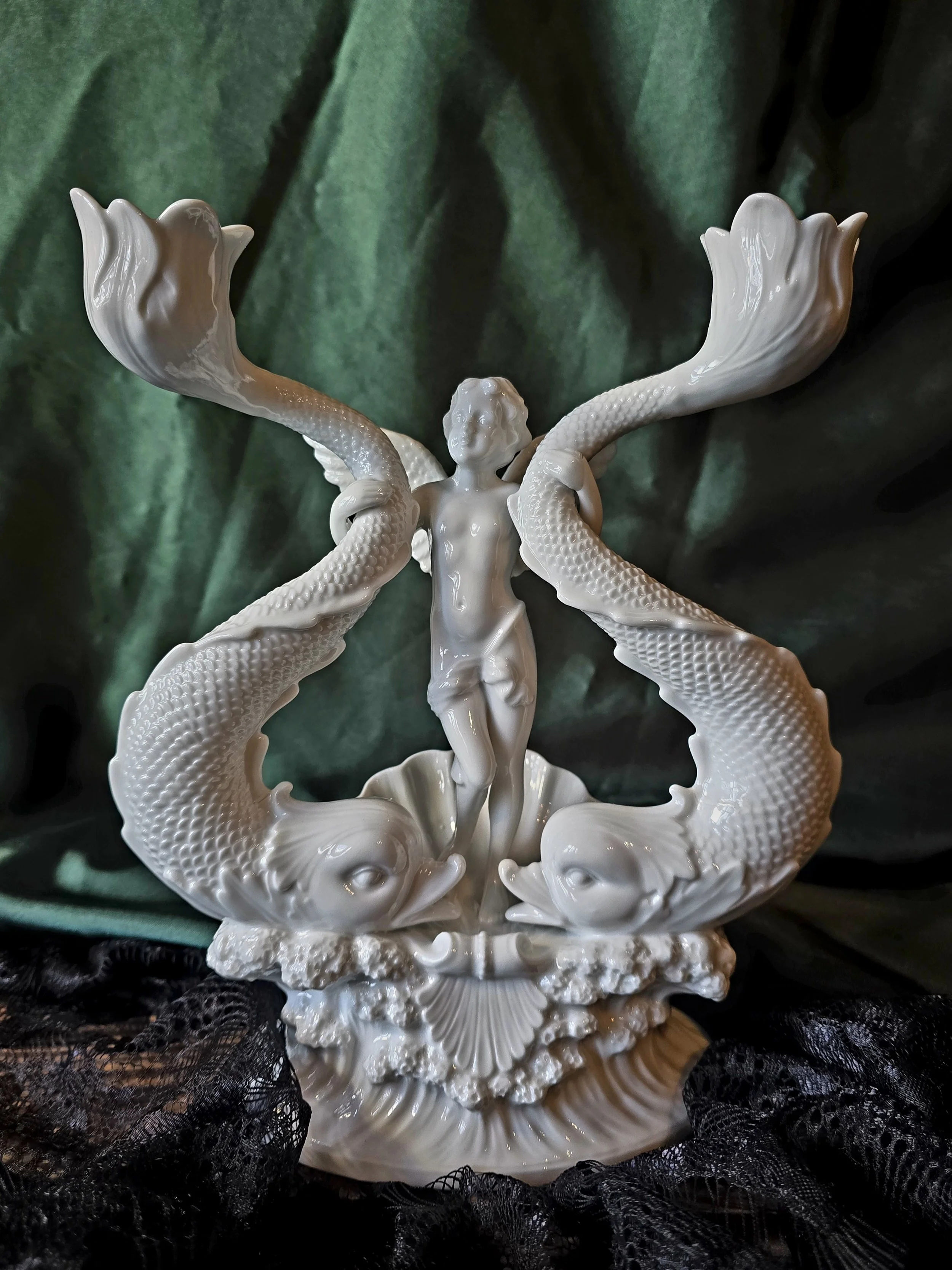 Baroque Ornate Cherub & Fish Porcelain Candle Holder
