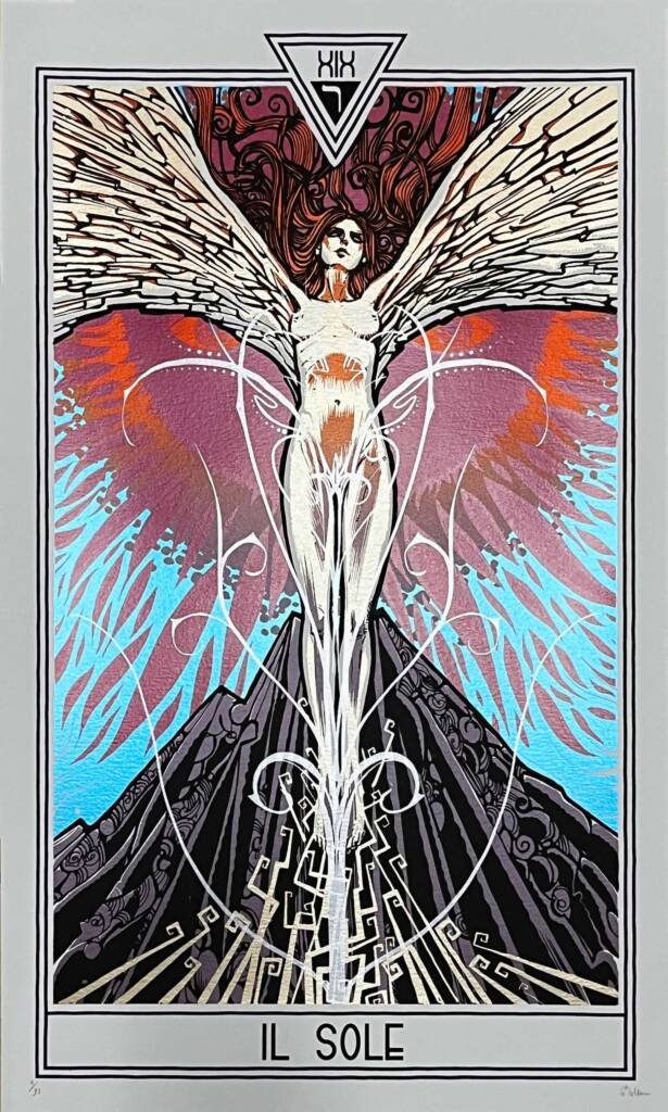 The Sun tarot art print by Malleus is featured as a moth/ phoenix hybrid with a metallic sheen
