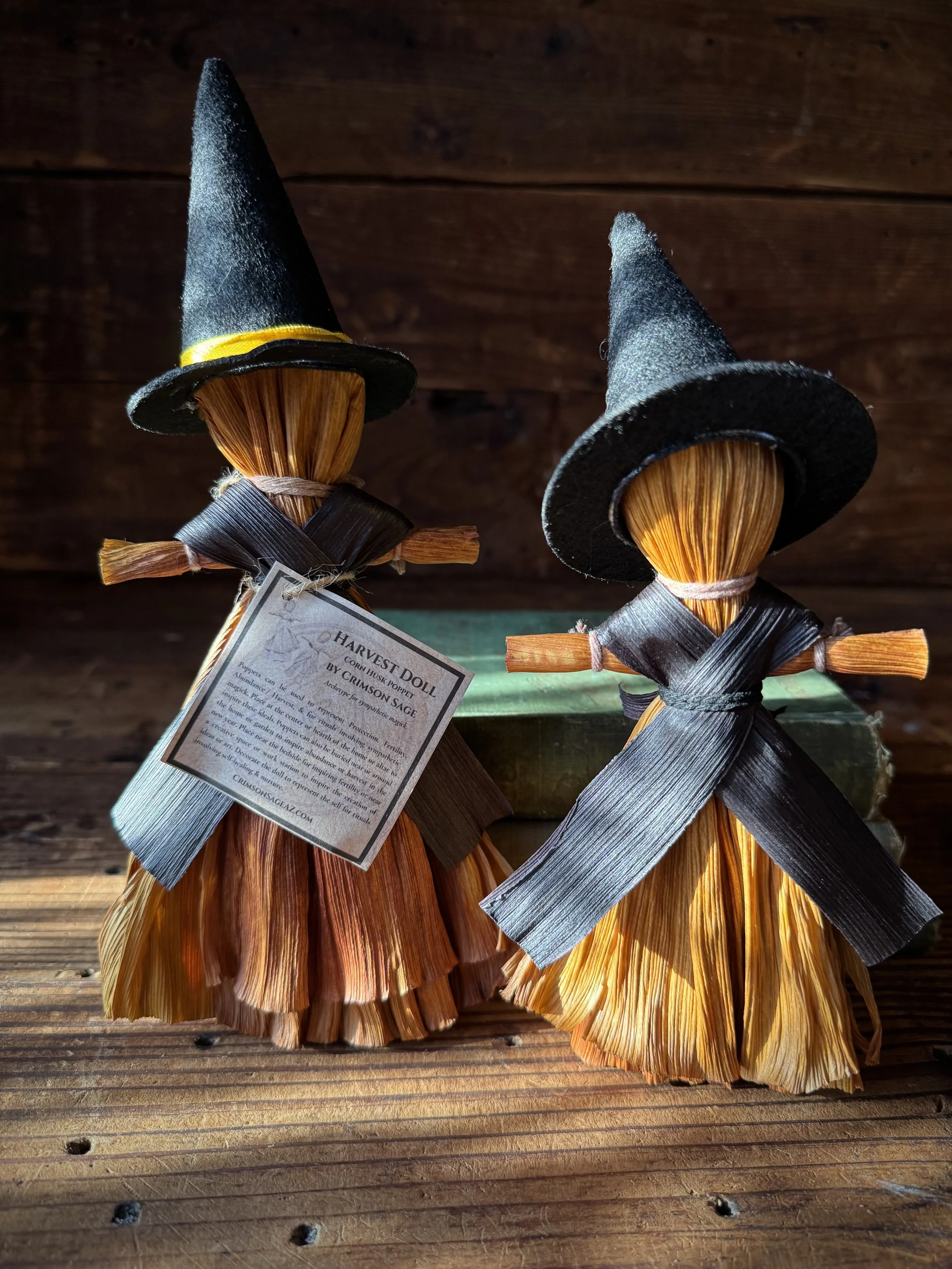 handmade corn husk poppet witch doll with a felt witch hat