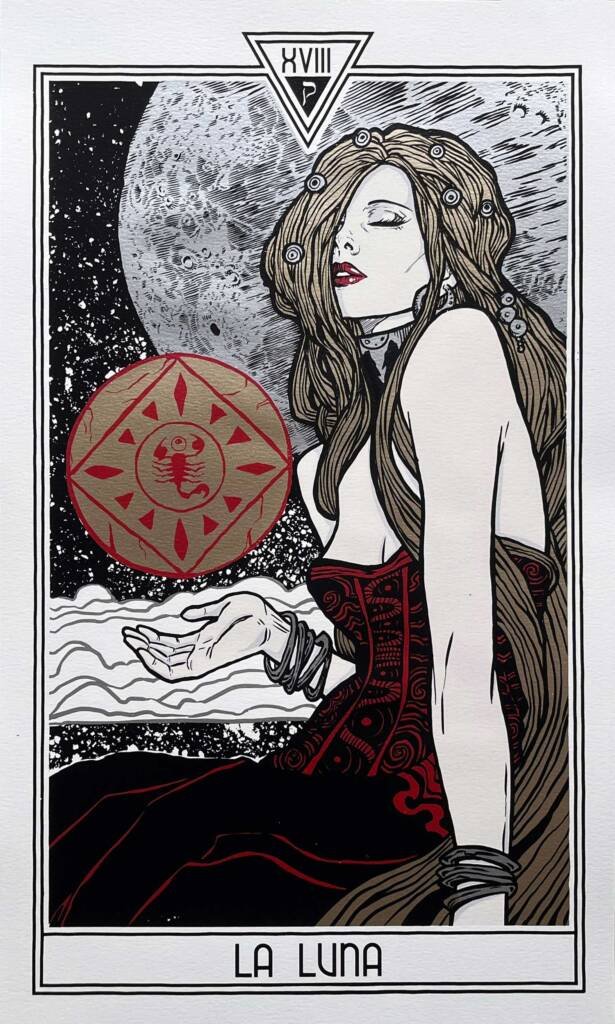 The Moon tarot art print by Malleus featured a blonde haired woman in front of a metallic silver moon and a golden astrology calendar with a red scorpion.