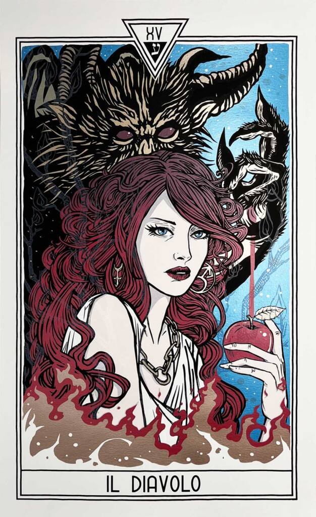 The Devil Tarot art print by Malleus features a crimson haired woman eating an apple with a horned beast behind her on a blue background