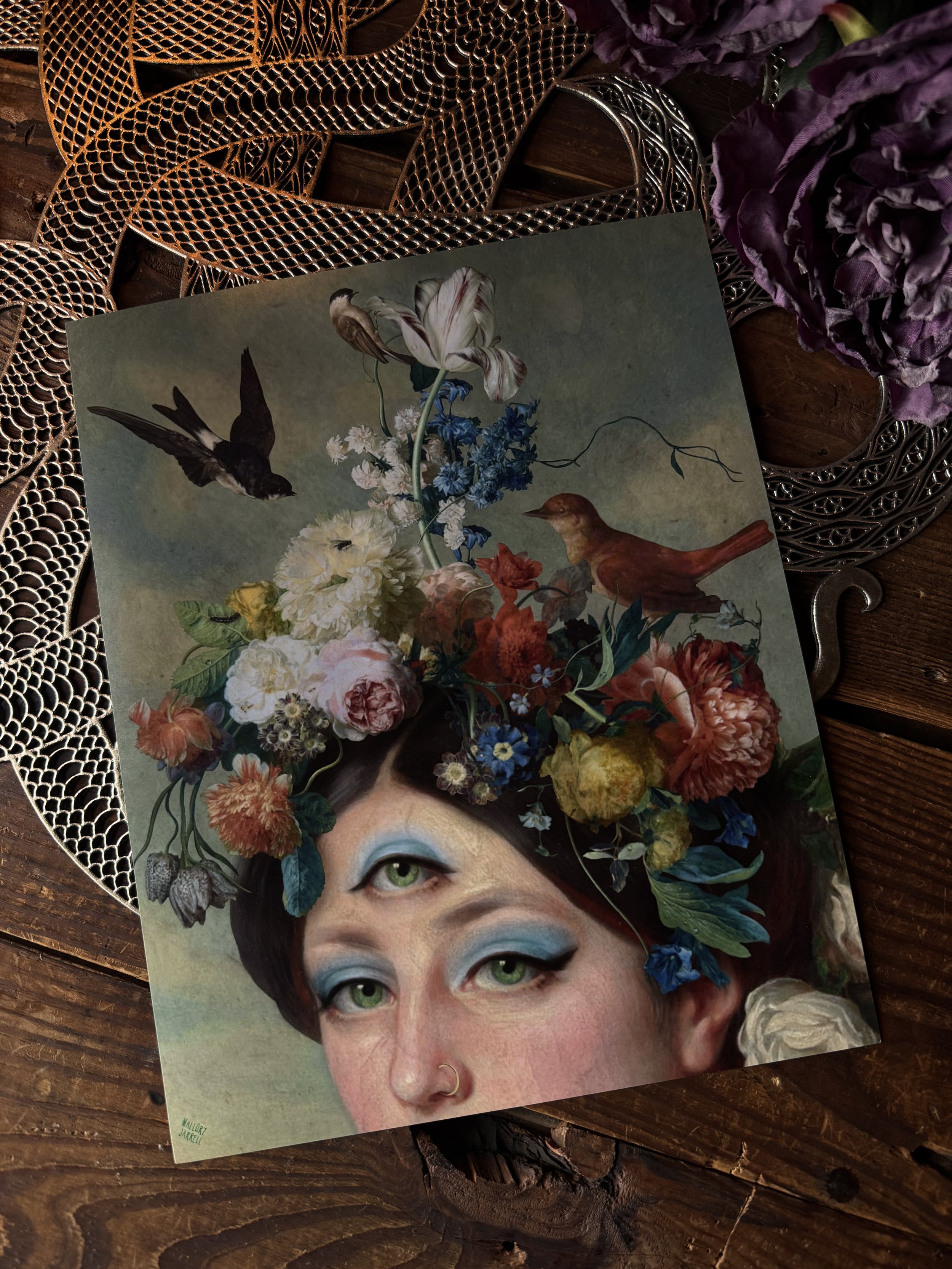 Art print of a beautiful, classical beauty with a third eye and butterflies surrounding the crown of her head.