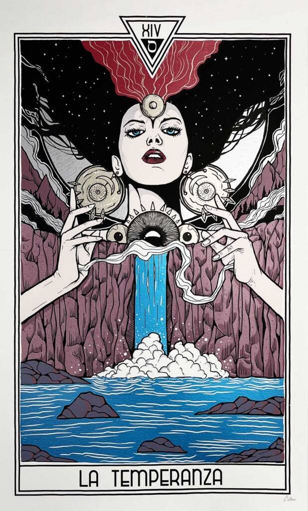 The Temperence tarot art print by Malleus featured above a waterfall and ethereal pool a black haired women