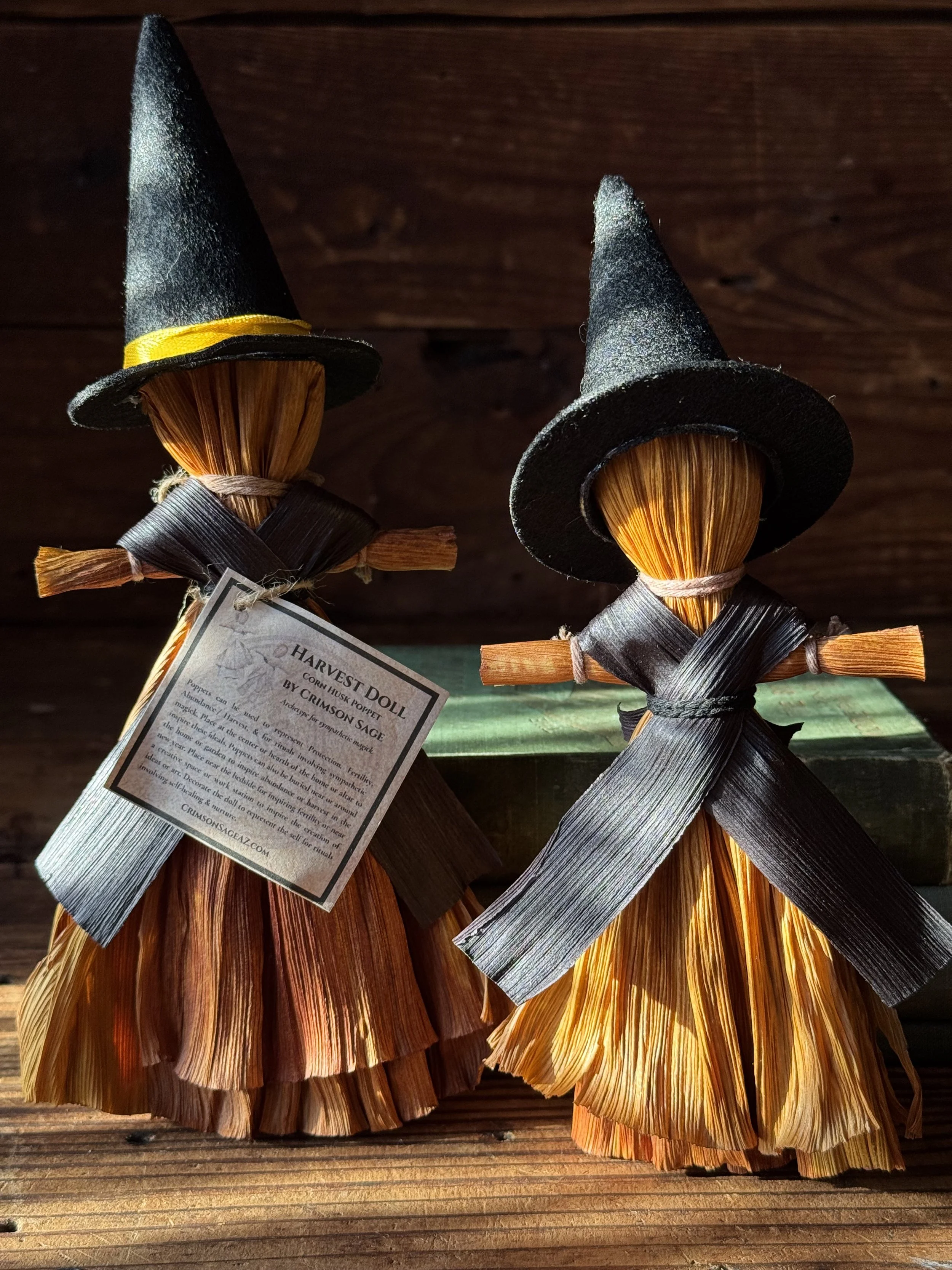 handmade corn husk poppet witch doll with a felt witch hat