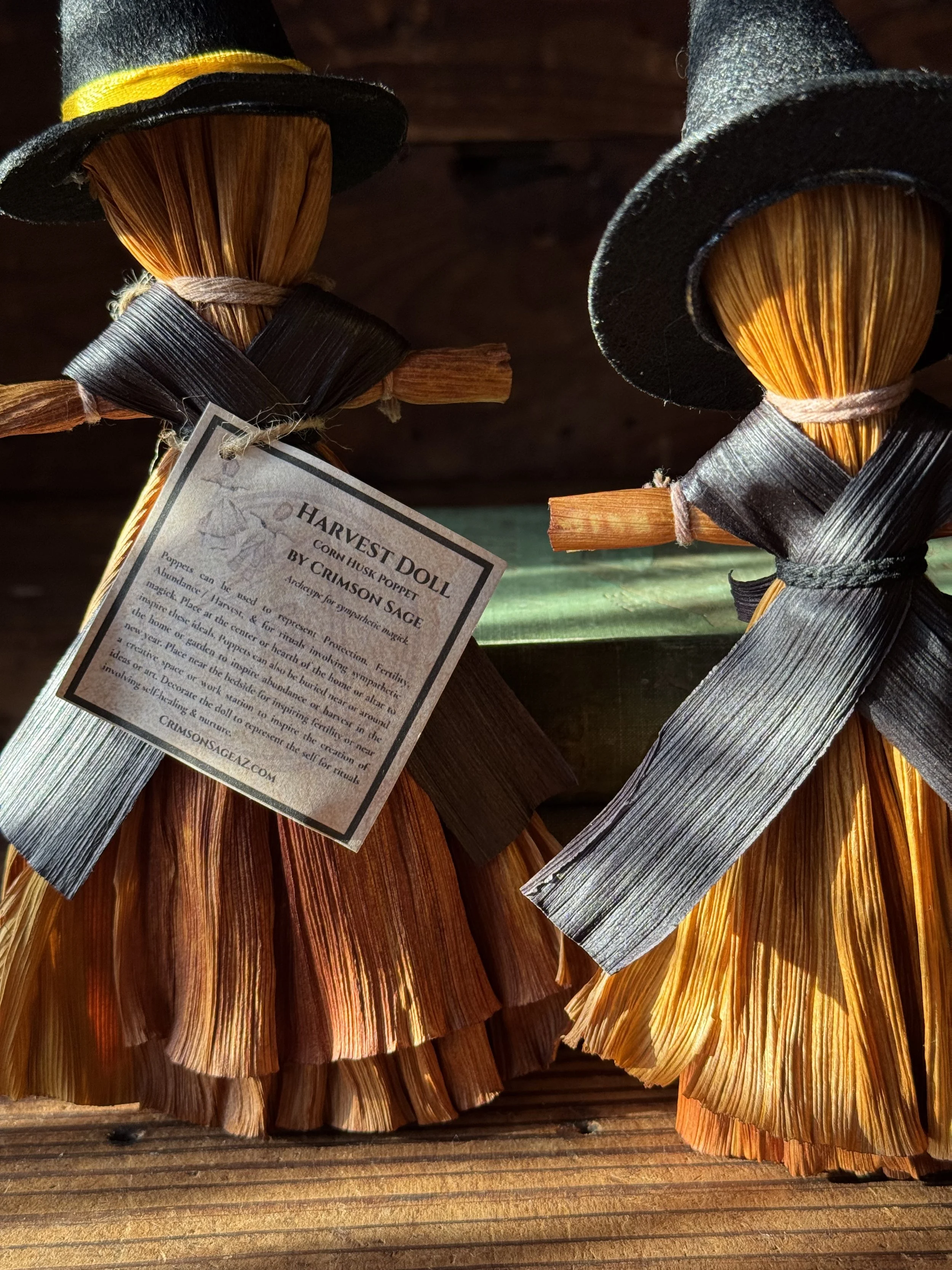 handmade corn husk poppet witch doll with a felt witch hat