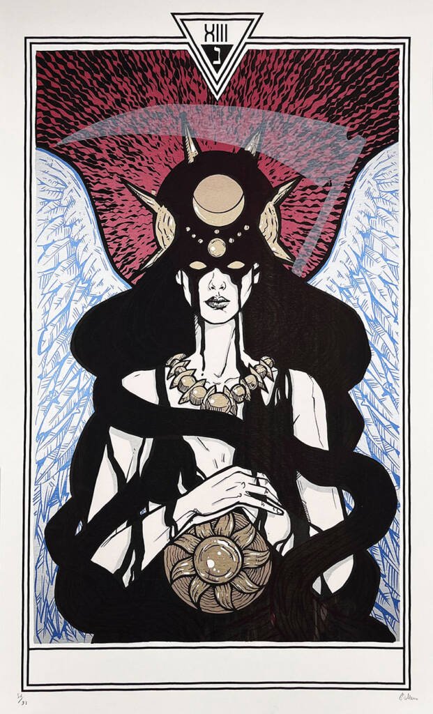 Death Tarot card pront by Malleus features a black haired woman with a golden triple moon sign upon her head
