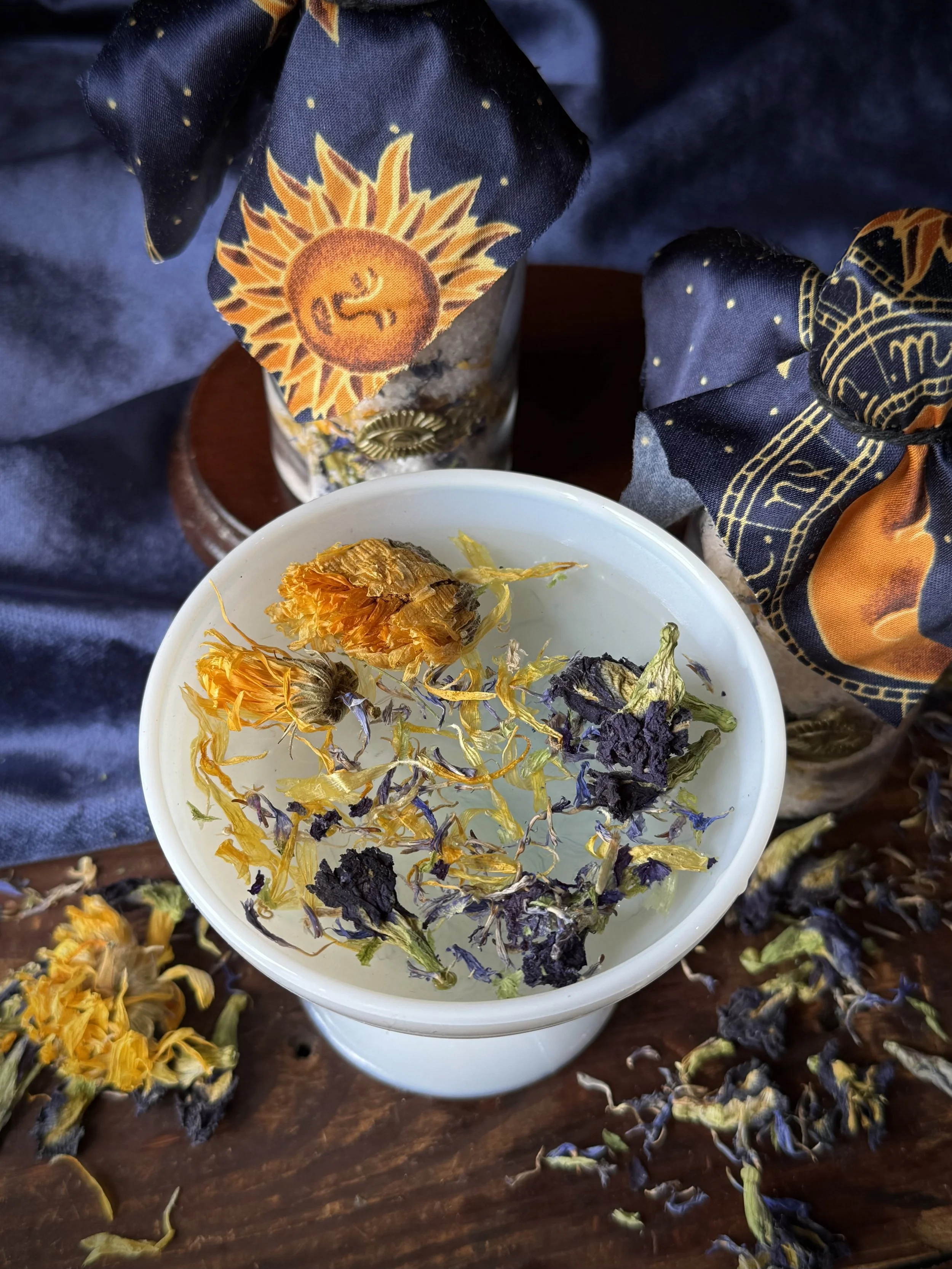 handmade bath salts with epson salts, butterfly pea flower, calendula, and egyptian musk