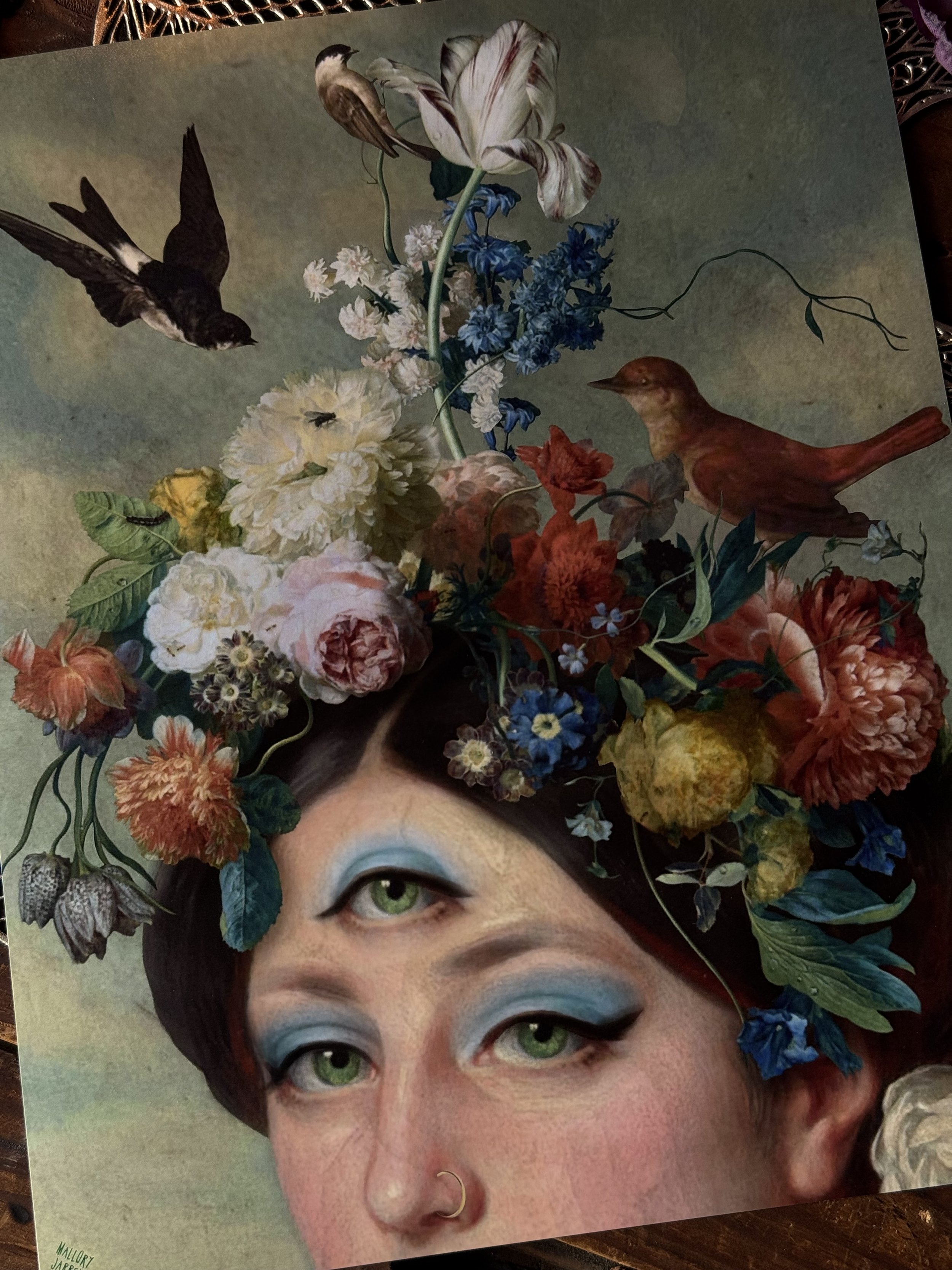 Art print of a beautiful, classical beauty with a third eye and butterflies surrounding the crown of her head.