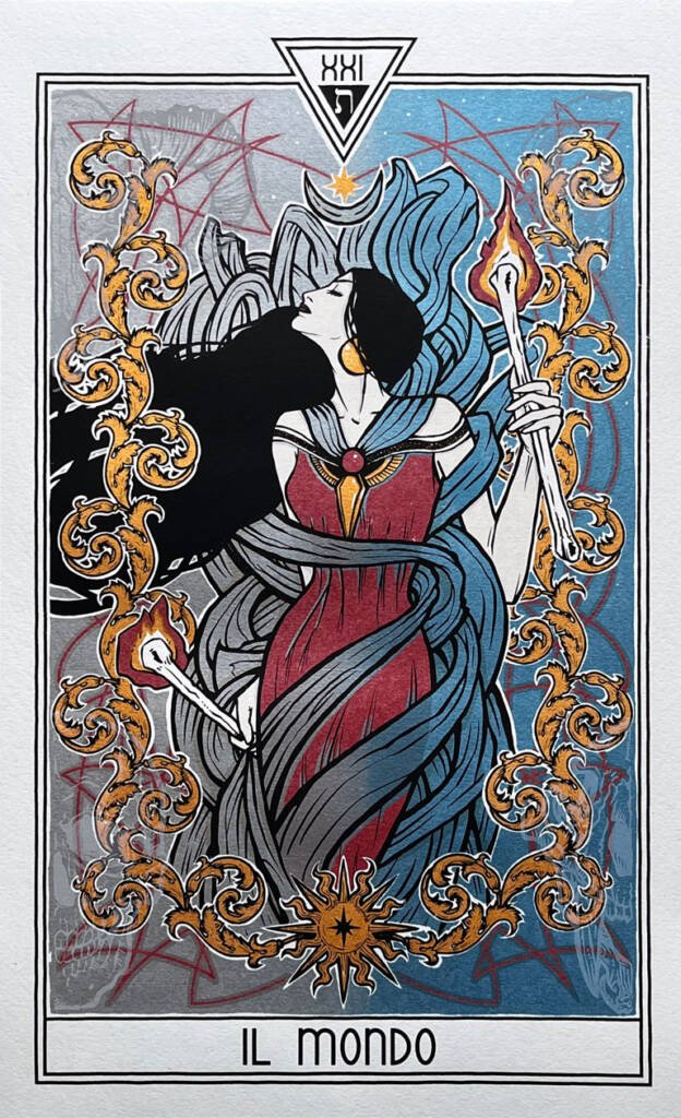 Thje World Tarot Card reinterpreted by Malleus features a black haired woman dancing amongst the constellations in a red dress