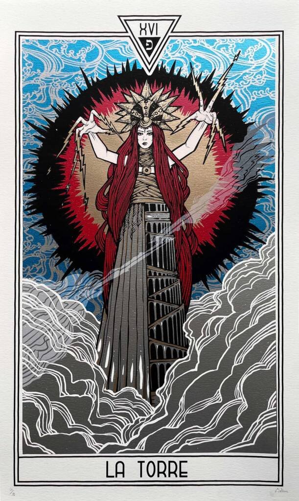 the tower art print by malleus features a red haired woman in the shape of a tower with lightning coming our of her fingers and a metallic blue background