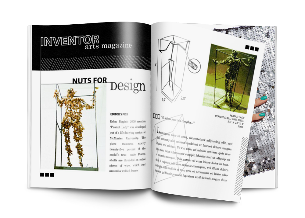 Mockup advertorial spread based on 2006 peanut sculpture by Eden Biggin at McMaster University.