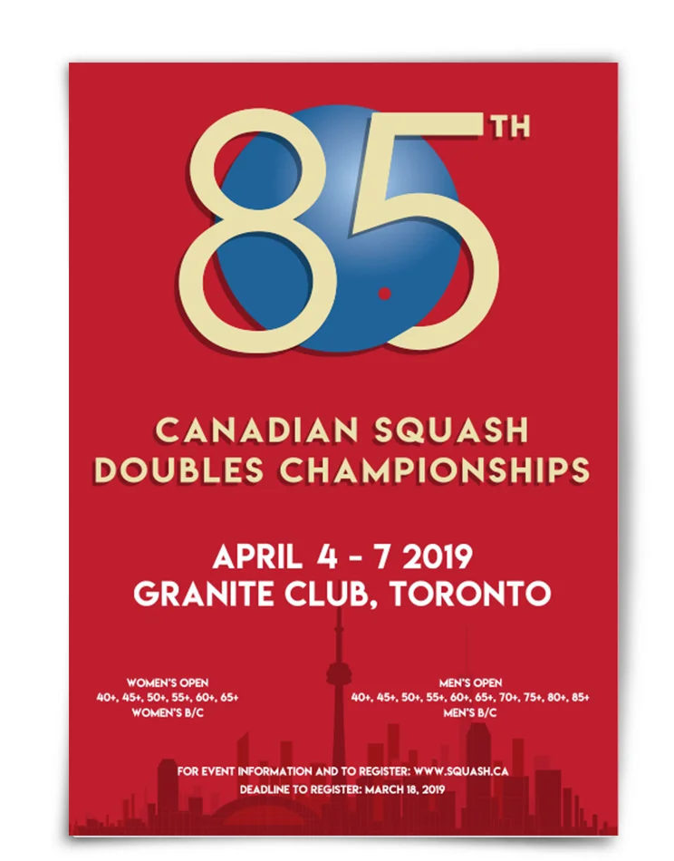 2019 National Squash Doubles Championships branding and poster