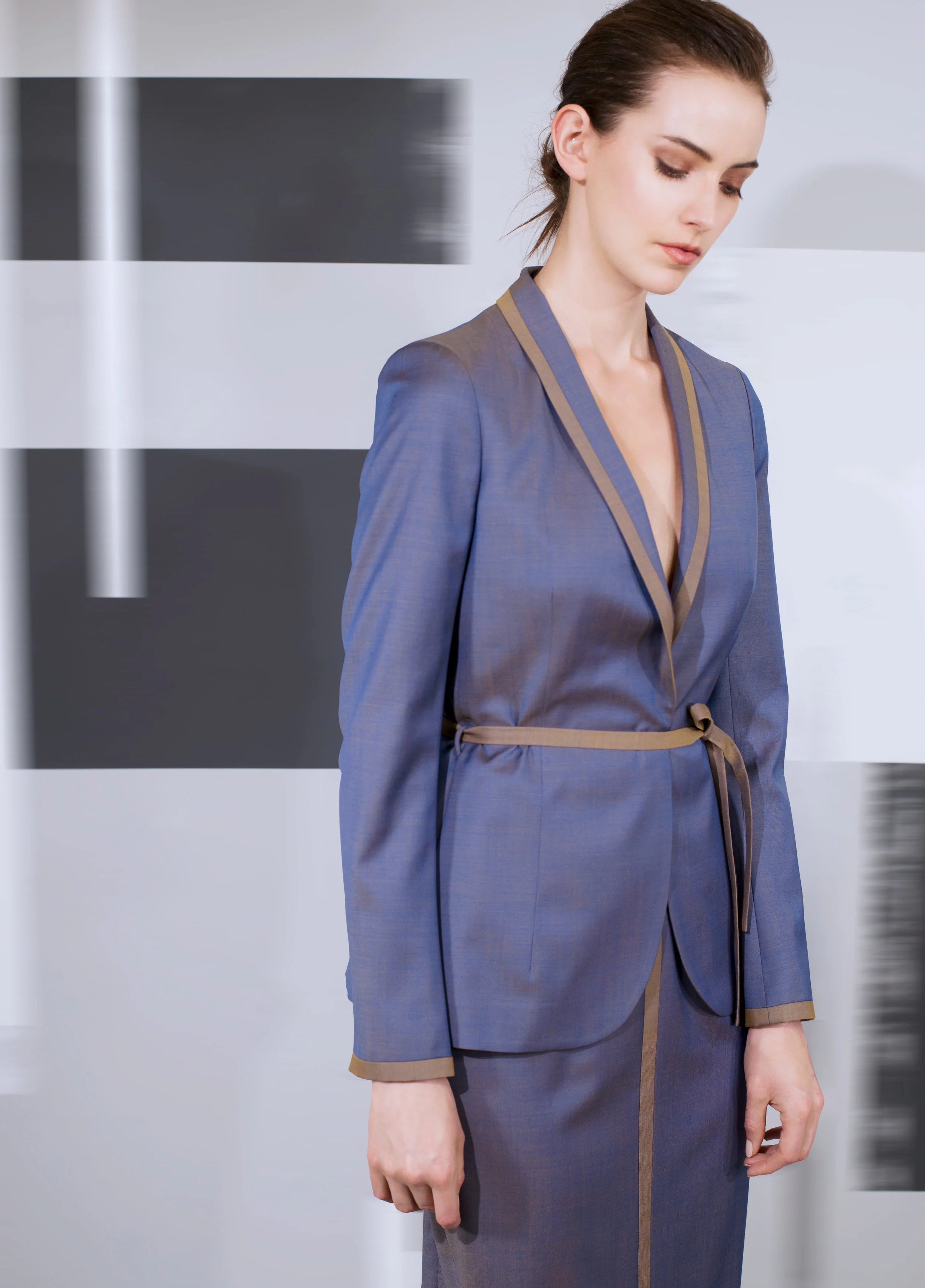 Soft comfort wool pleated back and banding trim jacket and skirt black pearl enameled teal blue amber mercury blue Crocodile calf-skin single handle bag