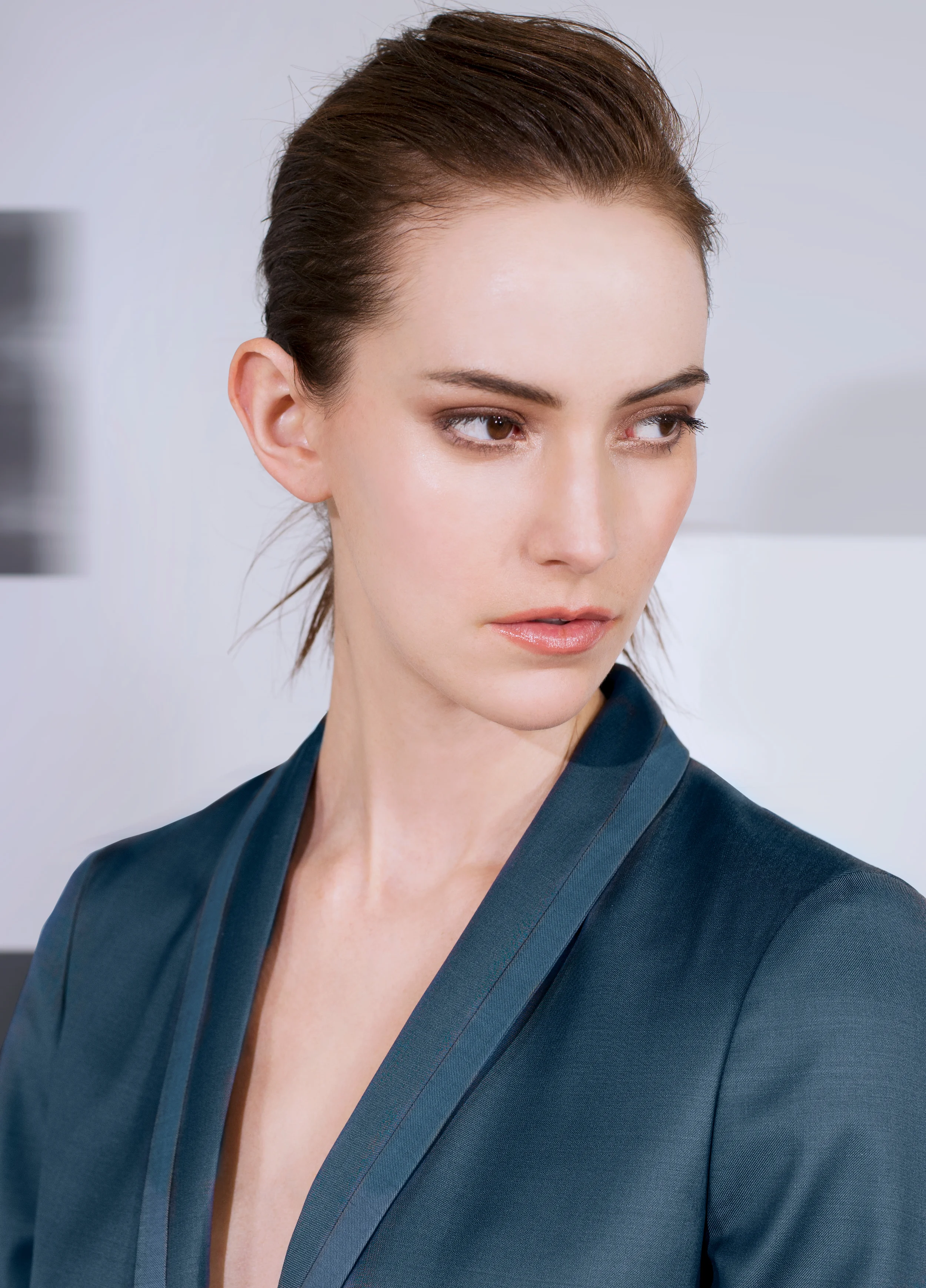 Soft comfort wool banding trim top, shorts and pleated back jacket black pearl enameled teal blue amber mercury blue