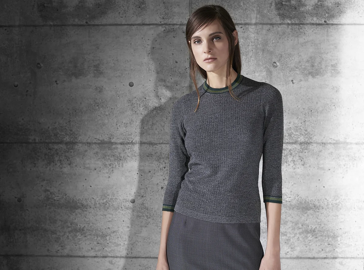 Texture stripe ultra fine cashmere crew neck with triple tone stripe border black opal with green garnet and chrome green blue onyx with venetian blue and amethyst almandine with ruby and quartz berry Contact Personal Shopper