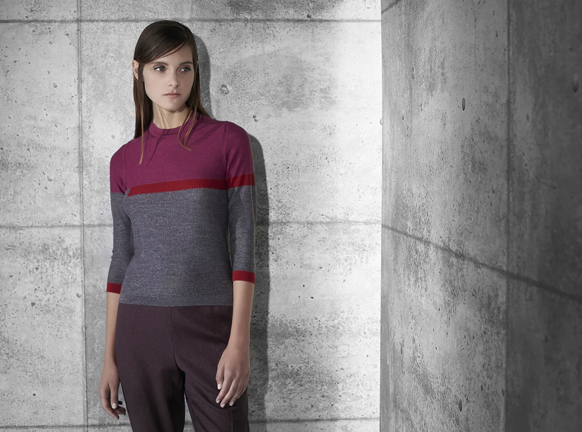 Geometric triple tone cashmere crew neck chrome green with green garnet and black opal amethyst with venetian blue and blue onyx quartz berry with ruby and almandine Gradient fine wool trouser black opal blue onyx almandine Contact Personal Shopper