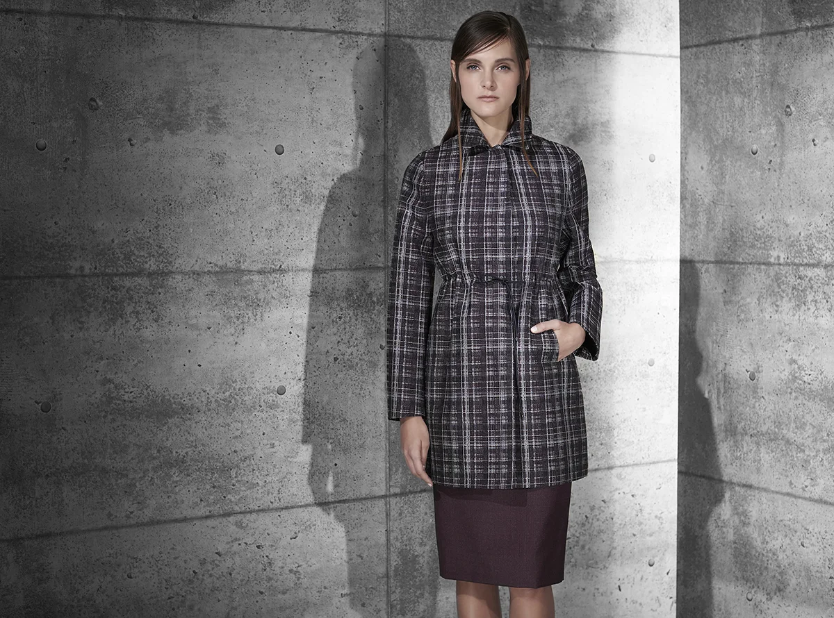 Gradient fine wool dress with plaid jacquard belted scarf almandine Plaid jacquard wool long jacket black pearl almandine pearl Contact Personal Shopper