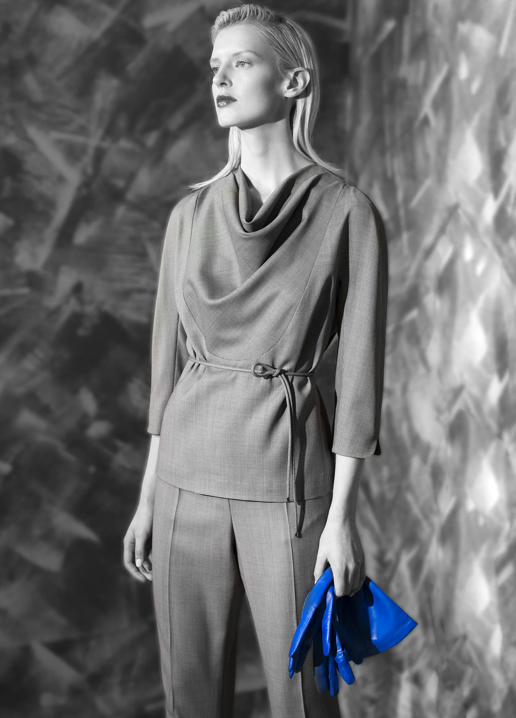 Micro geometric fine wool drape neck top with belt tie and tapered leg trouser opal grey graphite natural quartz venetian blue Nappa long glove