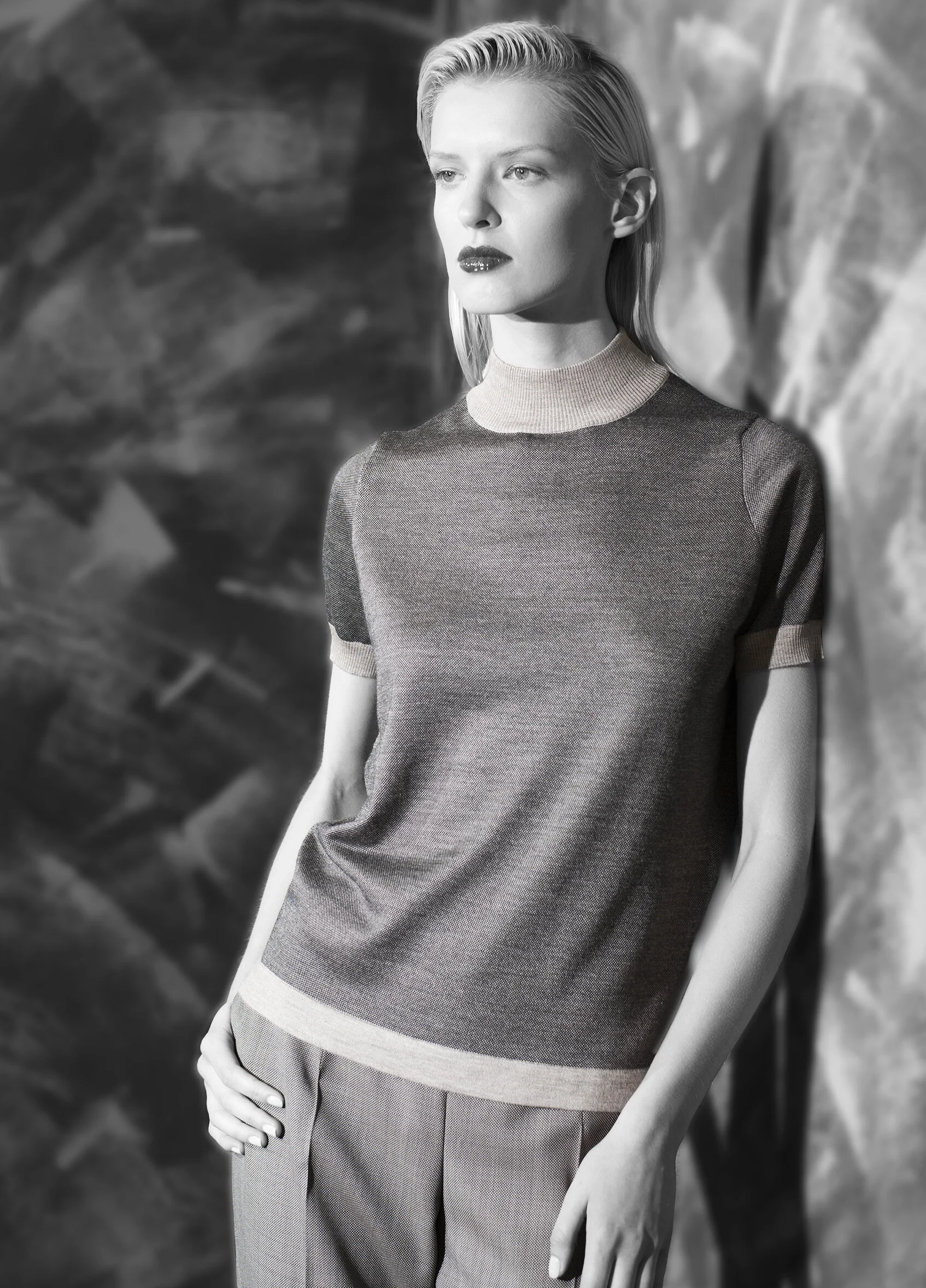 Micro geometric ultra fine cashmere short sleeve mock neck opal grey with black natural quartz with black black with graphite Micro geometric fine wool tapered leg trouser with curve hemline opal grey graphite natural quartz venetian blue