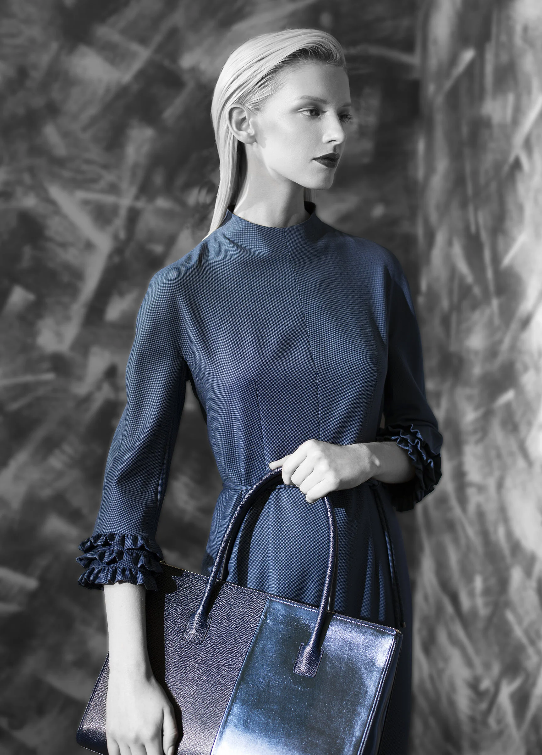 Micro geometric fine wool ruffle border dress with belt tie opal grey graphite natural quartz venetian blue Fine texture with metallic calf-skin bag