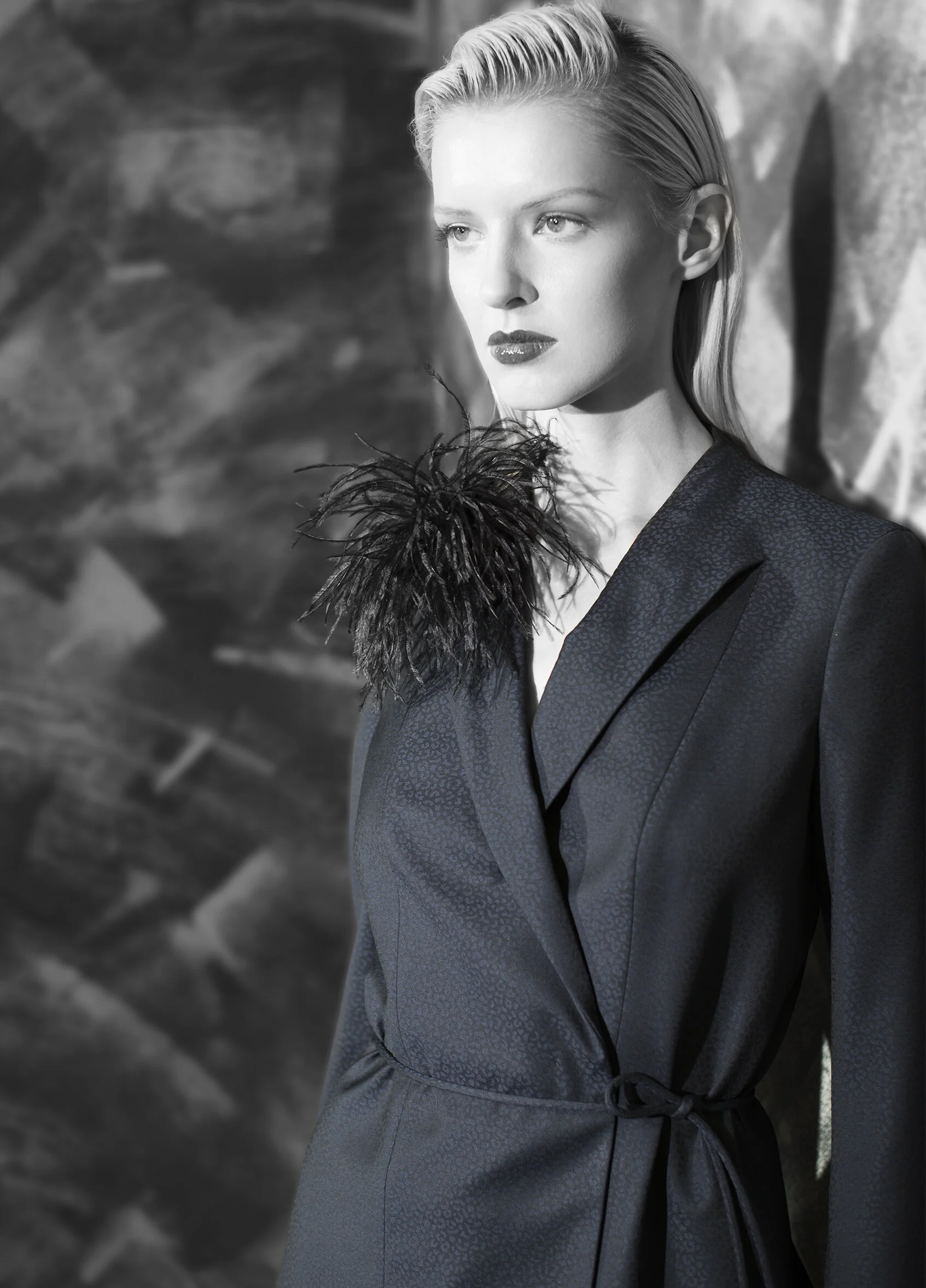 Abstract jacquard superfine wool back fluid skirt and belt tie jacket with feather pin onyx midnight opal Patent with nappa long glove Patent with crocodile calf-skin bag