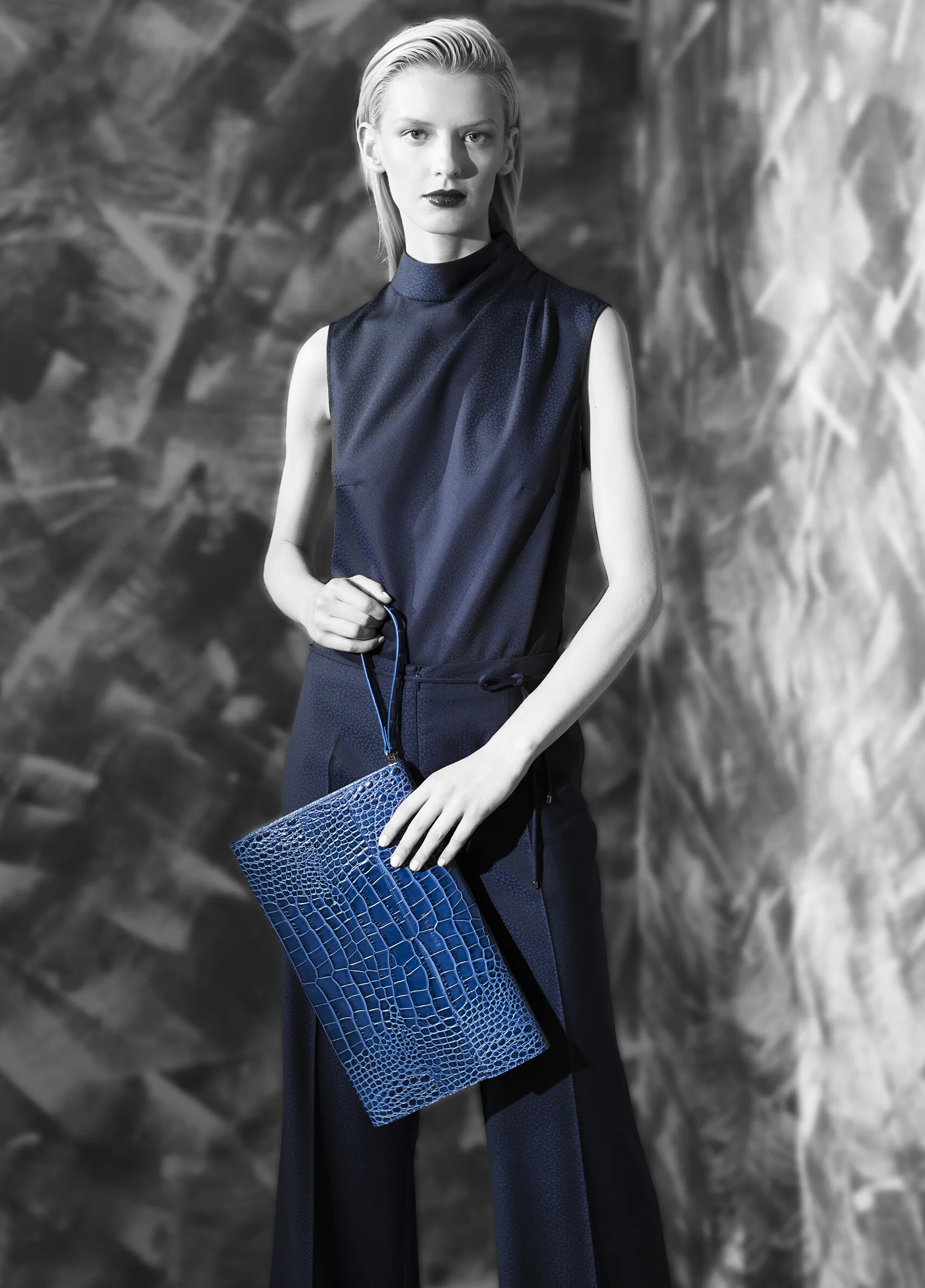 Abstract jacquard superfine wool funnel drape neck top and wide leg trouser with belt tie teal onyx azurite onyx midnight opal Crocodile calf-skin clutch